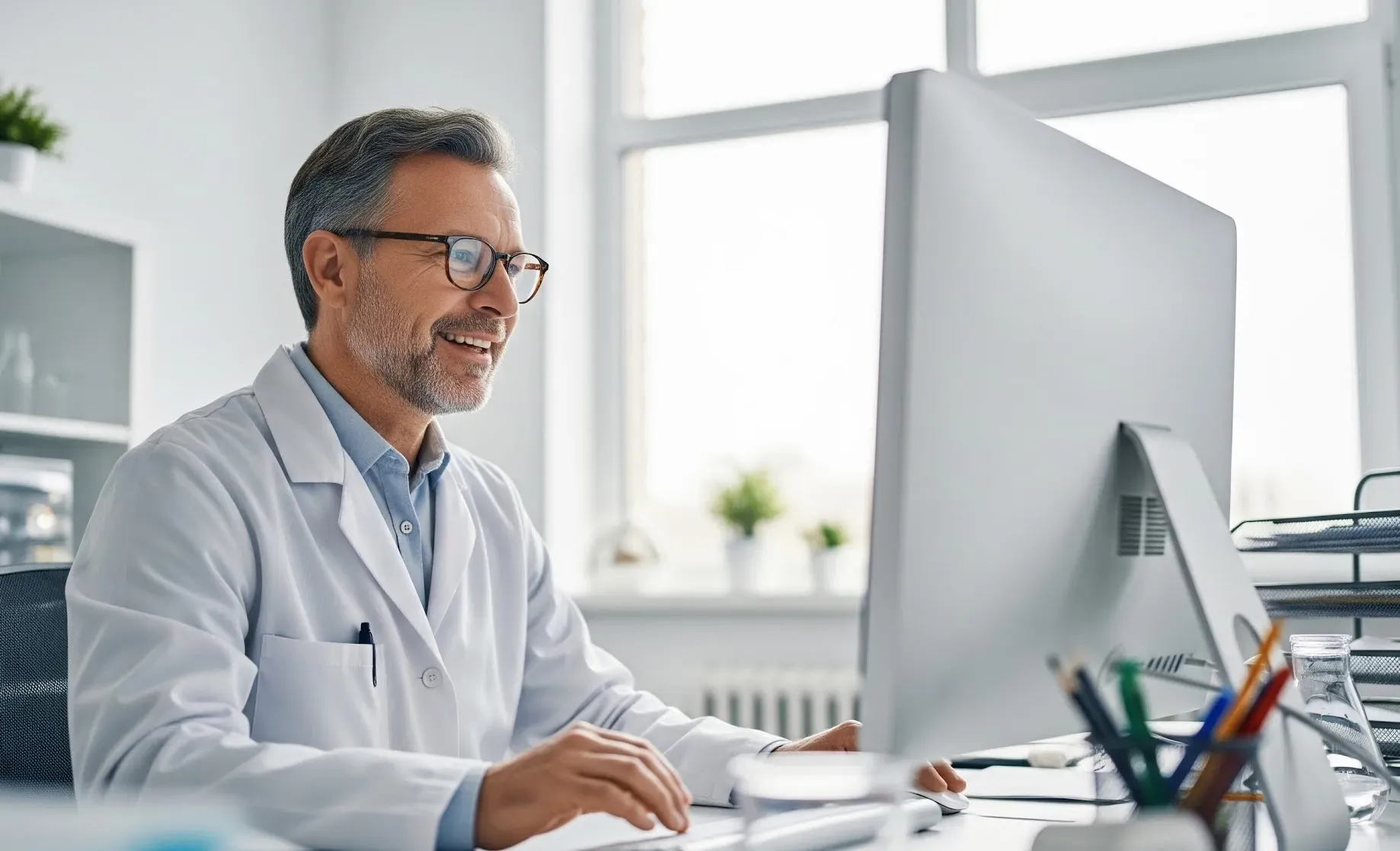 Laboratory scientist analyzing colorful flow cytometry data on multiple computer screens with cell culture samples
